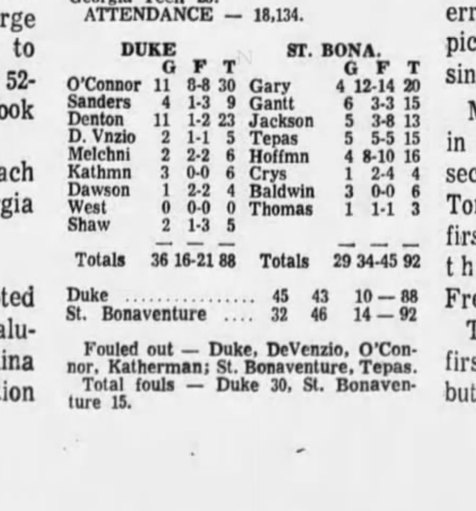 chuckiemaggio's tweet photo. Fifty years ago tonight, St. Bonaventure won its first and only game against Duke. https://t.co/3mR2faXiv8