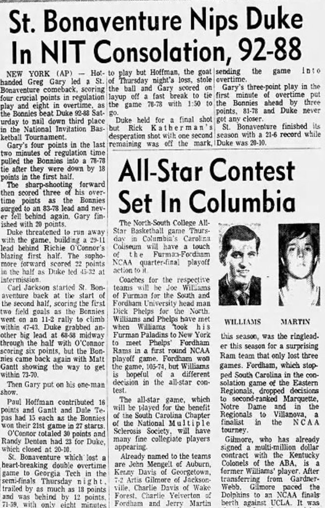 chuckiemaggio's tweet photo. Fifty years ago tonight, St. Bonaventure won its first and only game against Duke. https://t.co/3mR2faXiv8