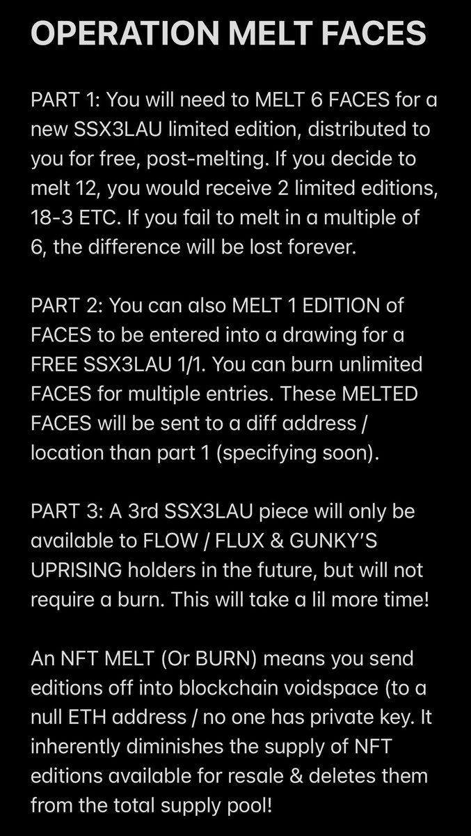 justinblau's tweet photo. OPERATION MELT FACES!

If you own @SSX3LAU NFTs you’ll want to read this :)

A new limited edition + a 1/1 piece will be available to those who choose to melt 🔥 editions of FACES!

I am sure you have questions! More details at length coming soon 😆

CC @grimemonday https://t.co/gyOYkVjsHf
