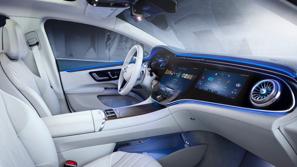 SawyerMerritt's tweet photo. NEWS: Mercedes-Benz has revealed photos of the 2022 EQS electric luxury sedan's interior. The EQS is an all electric S-Class essentially.

• HEPA filter/filtration system
• Drag coefficient of 0.20 (new Model S is 0.208)
• Estimated starting price of $96,000

Thoughts? https://t.co/7NRNxMaDn1