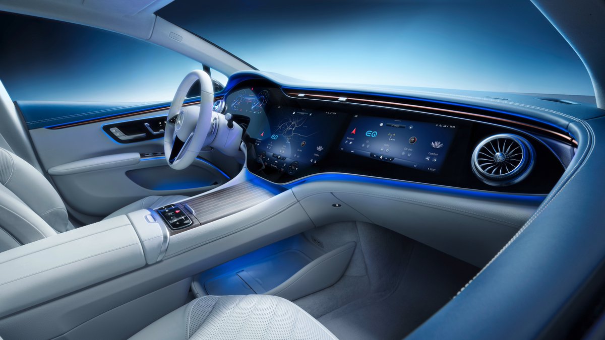 SawyerMerritt's tweet photo. NEWS: Mercedes-Benz has revealed photos of the 2022 EQS electric luxury sedan's interior. The EQS is an all electric S-Class essentially.

• HEPA filter/filtration system
• Drag coefficient of 0.20 (new Model S is 0.208)
• Estimated starting price of $96,000

Thoughts? https://t.co/7NRNxMaDn1