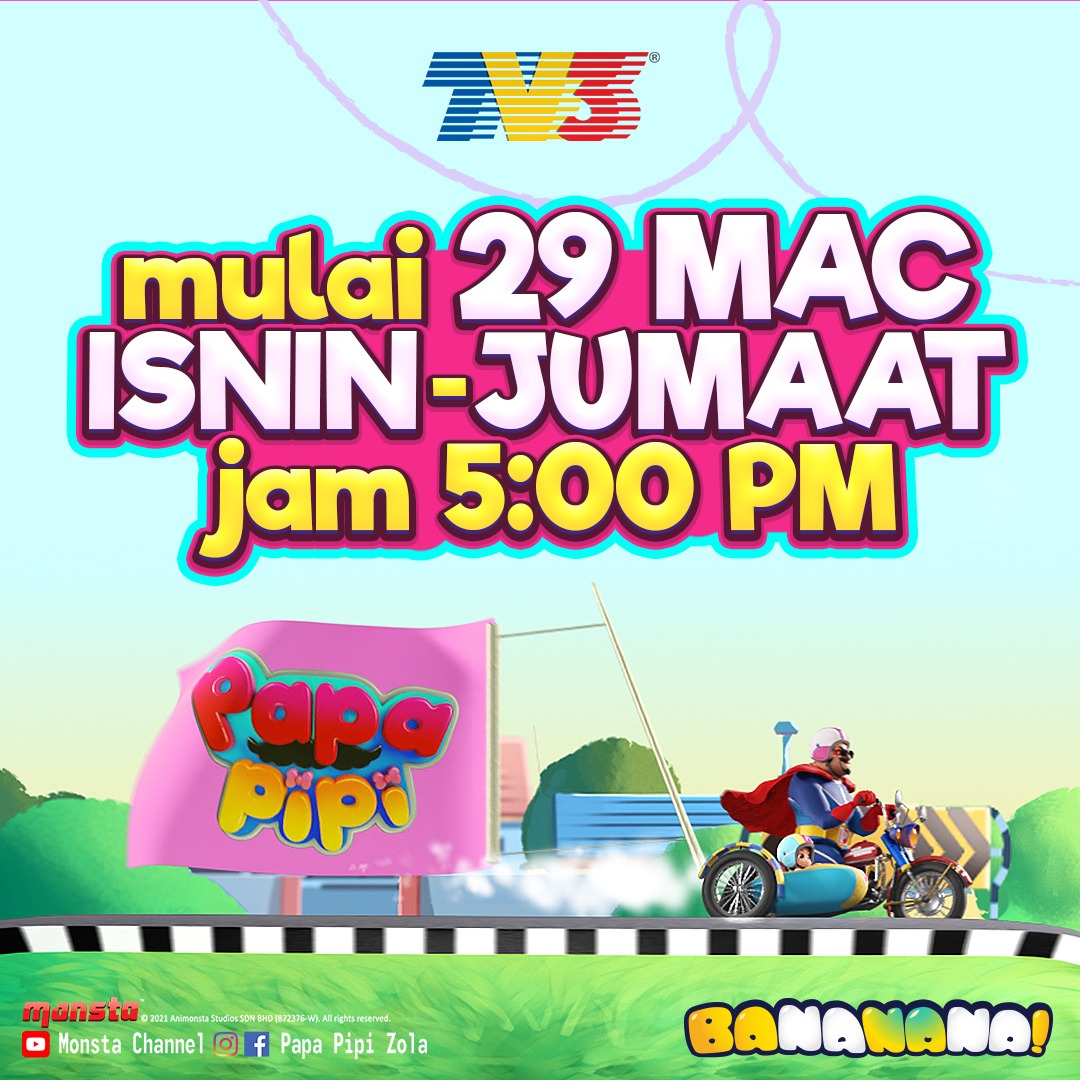 tv3malaysia's tweet image. Pertama kalinya di TV3, sempena cuti sekolah ini, kami bawakan Papa Pipi untuk adik adik semua , jangan lupa saksikan mulai 29 Mac ini setiap Isnin - Jumaat jam 5.00 pm di TV3! 

#Bananana