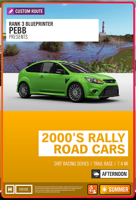 Mr_Pebb's tweet photo. [2000's Rally Road Cars || Share Code: 883 699 642]
Suggested Class: A

#ForzaHorizon #ForzaShare #XboxOne #Xbox #ForzaHorizon4 #Videogame #videogames #RacingGames #RouteCreator
_________

[Cars]

2003 - 2017 Focus RS, Veloster N, 2004 - 2008 Lancer Evolution, 2004 - 2015 WRX STI https://t.co/AMJo2Us8WQ
