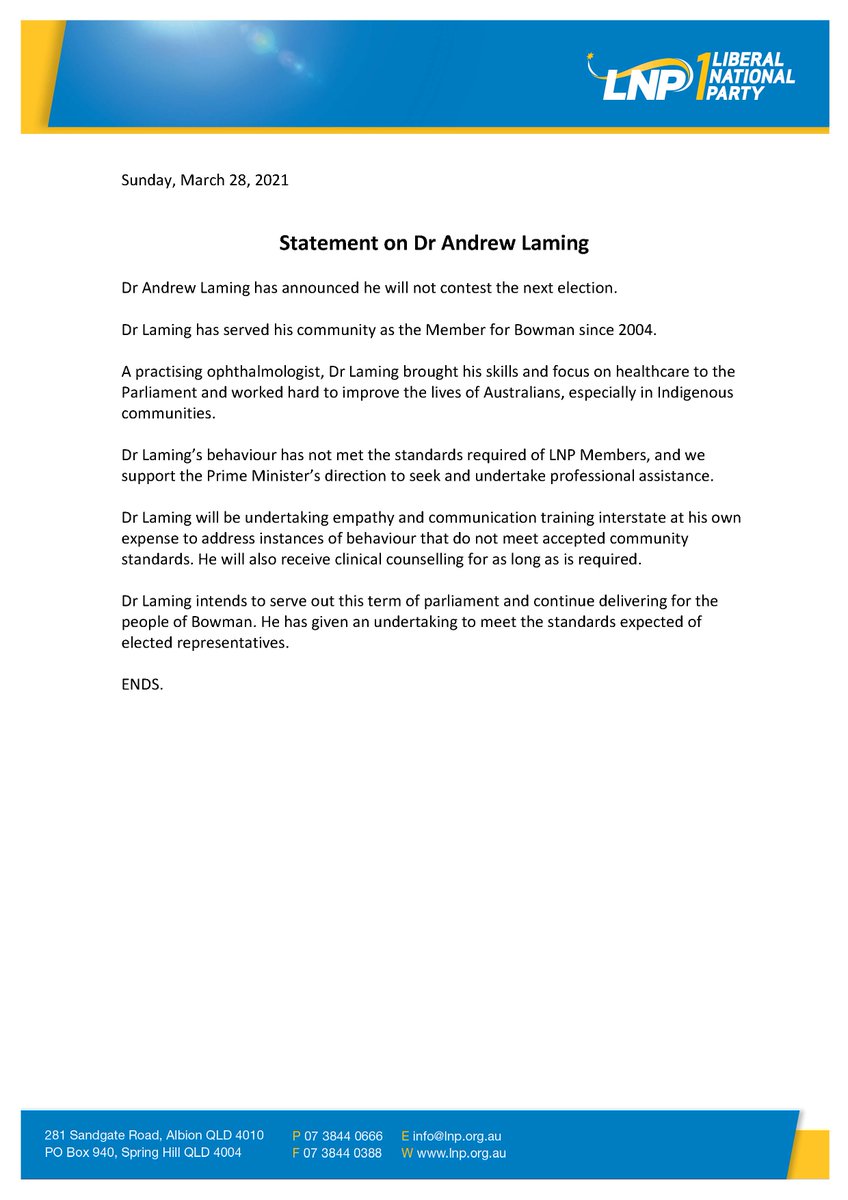 LNPQLD's tweet photo. The LNP's statement regarding Dr Andrew Laming. https://t.co/5GuFg0zHMf