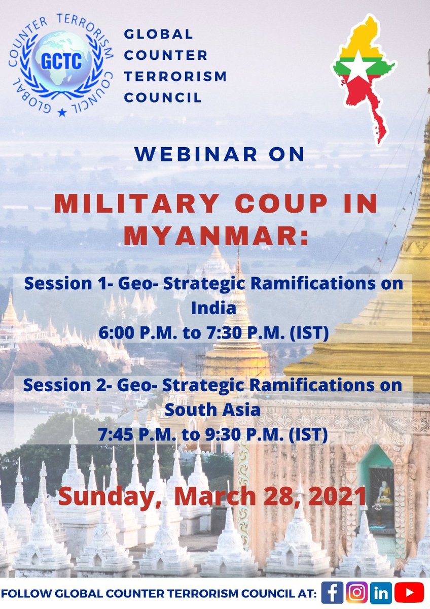 GCTCWORLD's tweet photo. It's what's happening so let's talk about it.   
Let's explore the plot and ramifications of Mayanmar Coup. #saveMayanmar #Democracy #militarycoup #unrest #India #China #SouthAsia #Peace #youth #dictatorship #save #future 
6 PM - 9.30 PM, 28th March. https://t.co/Ke8IYKCxZA