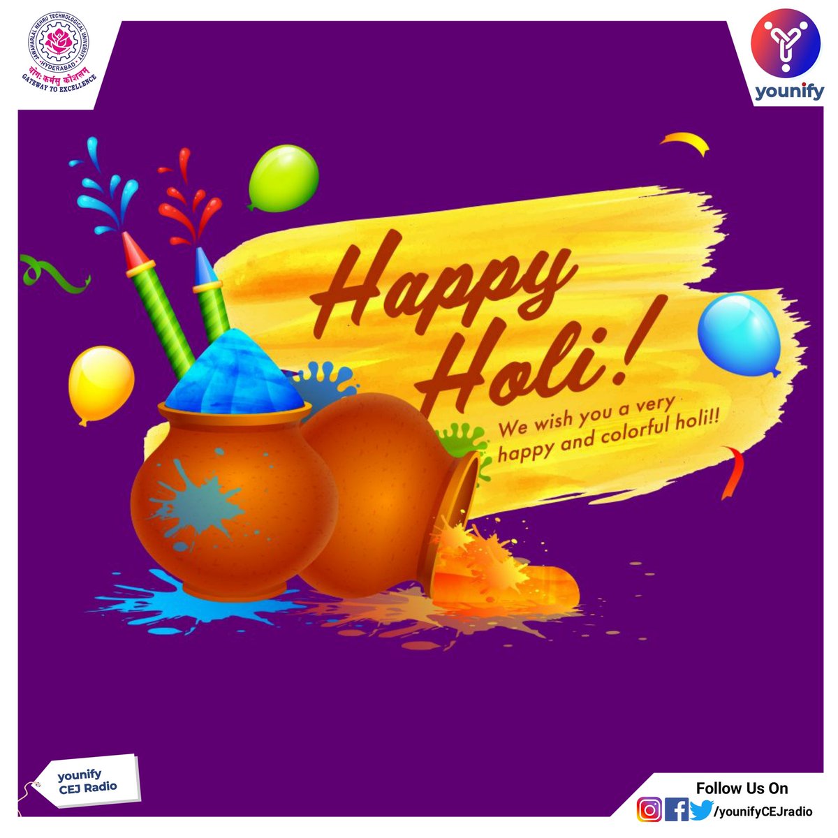 younifyCEJradio's tweet photo. Wishing a very safe and Happy Holi to everyone!!!
#HappyHoli2021 #HappyHoli #younify #campusradio #jntuhcej #younifyCEJ https://t.co/8G9tzdLW2w