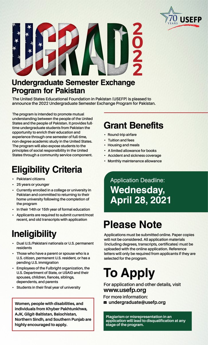 USEFP's tweet photo. Calling undergraduate students in Pakistan! #USEFP is now accepting applications for the 2022 #UGRAD Program.

Apply by April 28, 2021!

To apply, visit https://t.co/PEDquzBVkv 
For queries, please email undergraduate@usefp.org 
#USPAK https://t.co/e6K36vFueB