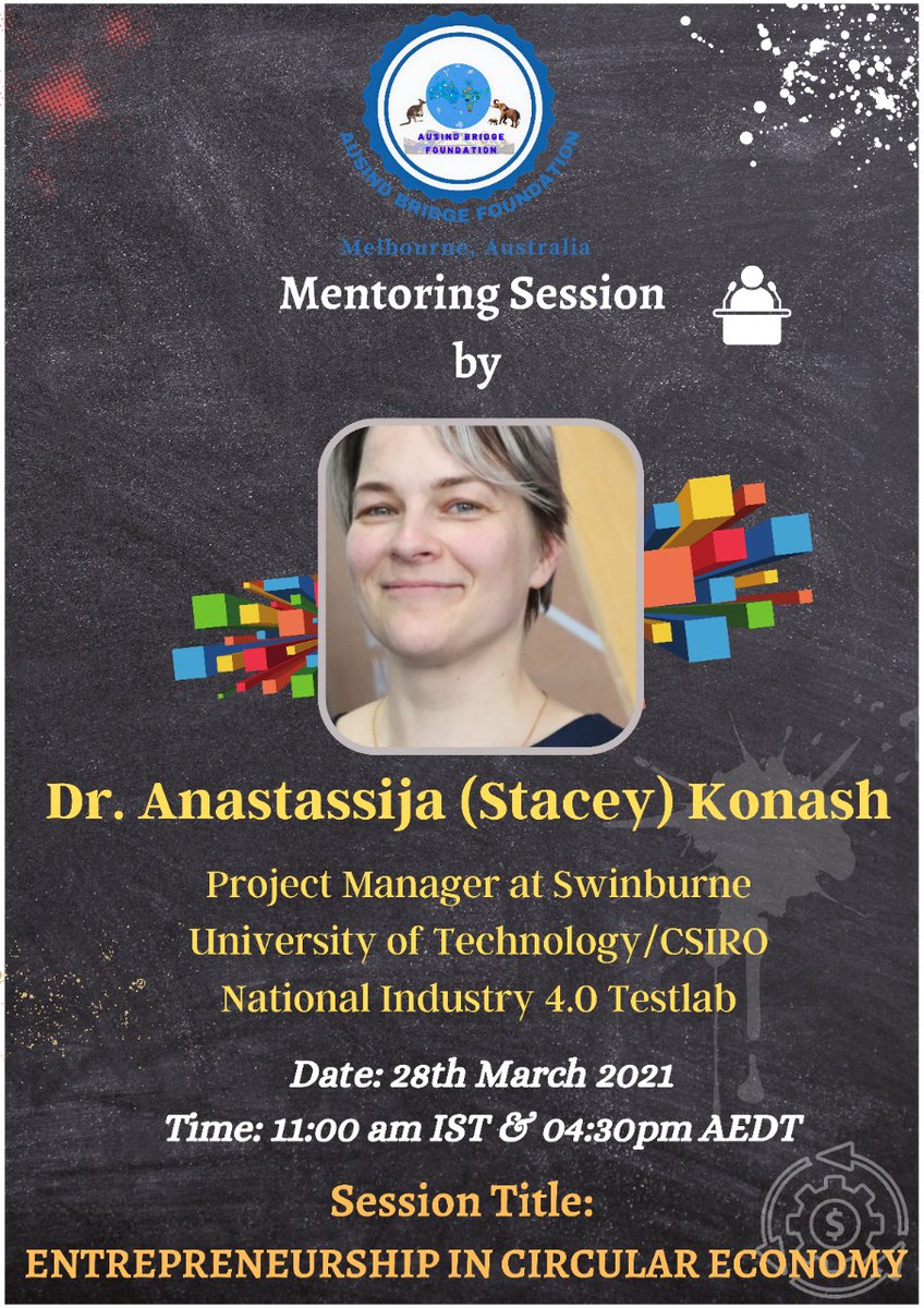 Hearty Welcome to Dr. Anastassija (Stacey) Konash of <a href="/Swinburne/">Swinburne University of Technology</a> as a Mentor Scientist. Thank you so much for specially designing a very imp session on Entrepreneurship in Circular Economy. <a href="/MrDeepakVinayak/">Deepak Vinayak OAM JP</a> <a href="/p_sucheta/">Prof(Dr)Sucheta Priyabadini</a> @TheCarolineMCG
<a href="/SustainVic/">Sustainability Victoria</a> <a href="/InvestVictoria/">Invest Victoria</a> <a href="/CSIRO/">CSIRO</a> <a href="/Global_Vic/">Global Victoria</a>