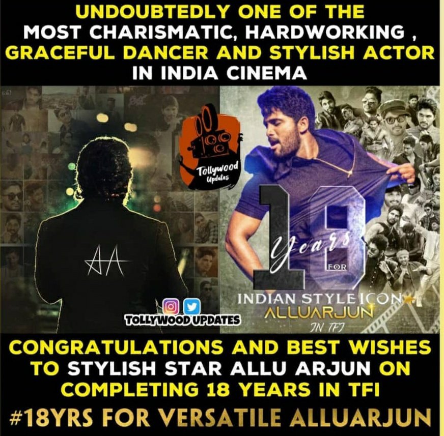 DaneeshChowdary's tweet photo. Congratulations to our stylish star ALLU ARJUN garu 👏🥳🔥#18years_of_AA_in_TFI https://t.co/KQ50XGqQL2