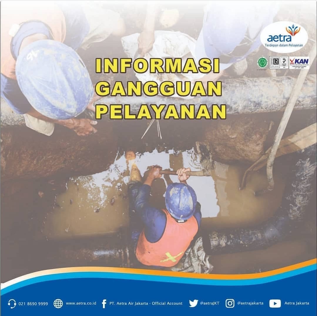 Info gangguan plyann Aetra. Air mati dampak gangguan teknis di Instalasi Pengolahan Air Pulogadung. Minggu, 28 Maret 2021 pkl 09.30. Area terdampak : Kelapa Gading, Tipar Cakung,Balai Pustaka, Salemba, Pulomas, Cempaka Baru, Martadinata, Enggano, Podomoro, Sindang.