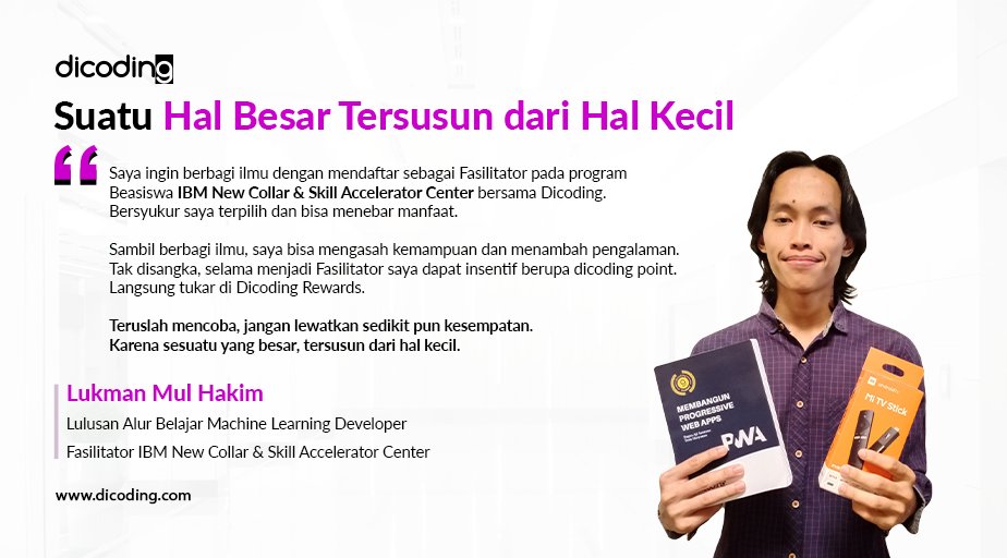 dicoding's tweet photo. Selain berbagi ilmu, dapatkan benefit lain yang bisa kamu raih dengan aktif di Dicoding 🥳🥳🥳
.
Lukman Mul Hakim sudah merasakannya
.
➡️➡️➡️ https://t.co/f0OZaHtzku
.
#dicoding #dicodingrewards https://t.co/UHsBIGqqHM
