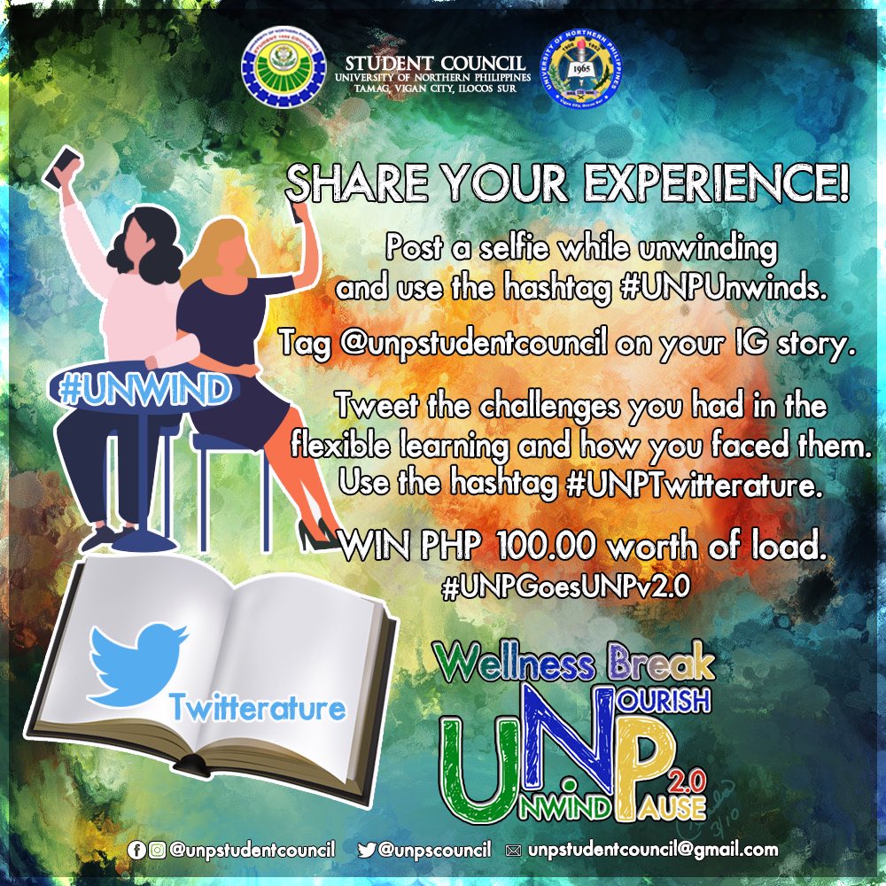 UNPSCouncil's tweet photo. SHARE YOUR EXPERIENCE!

Post a selfie while unwinding and use the hashtag #UNPUnwinds.

Tag @unpstudentcouncil on your Instagram story.

Tweet the challenges you had in the flexible learning and how you faced them and use the hashtag #UNPTwitterature.

#UNPGoesUNPv2 https://t.co/1fDkf58R0p
