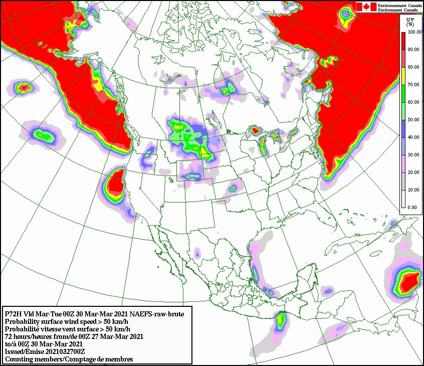MuketyMuk's tweet photo. #Wind #warnings already issued for #MetroVancouver and #Victoria in #BC. More will follow if fcstrs expect winds will exceed warning criteria, and have signif impacts. This map shows where #NAEFS avg winds of 50 km/h or more likely blow thru March 30th. https://t.co/xLiM50mX3n