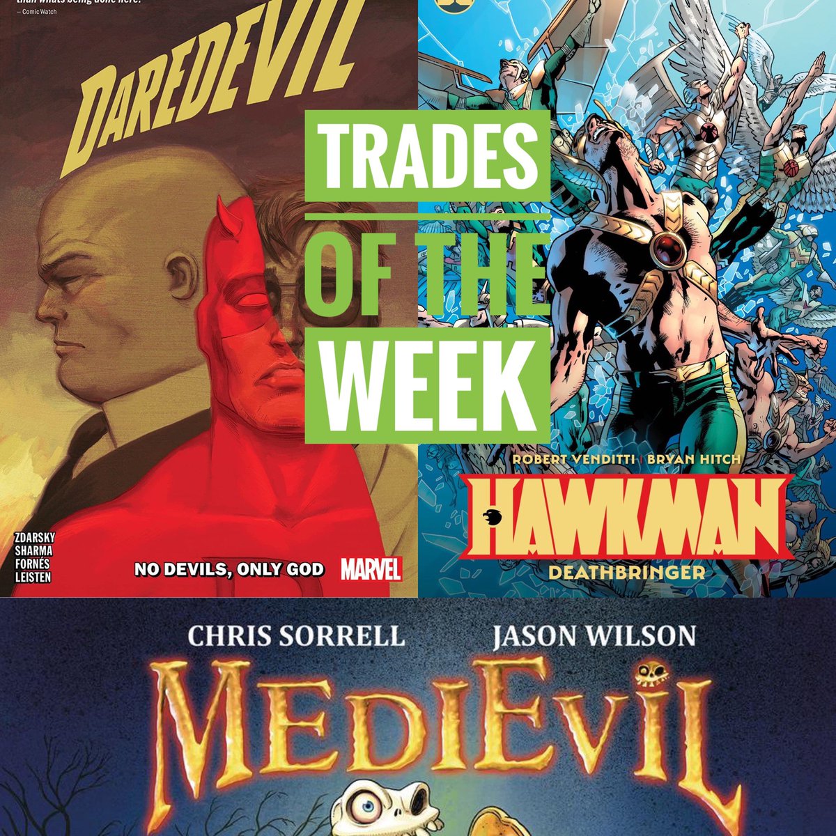 tntmtheshow's tweet photo. PLEASE retweet listen https://t.co/xWa6b4K3Nt @Pabl007Gunner review #graphicnovels @Marvel Daredevil Vol2 No Devils, Only God @DCComics Hawkman V2 Deathbringer @ComicsTitan MediEvil #TradesOfTheWeek #marvel #dccomics #titancomics #tradepaperbacks #DD #Hawkman #MediEvil #BUY #RT https://t.co/P7zkeXbrp5
