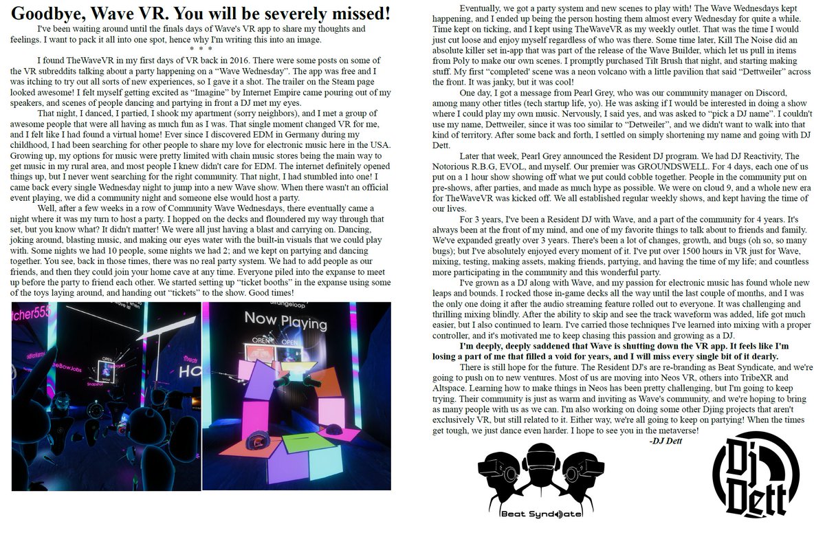 Dettweiler42's tweet photo. A little long, but I hope you'll read it. As GROUNDSWELL 4 ticks along this weekend, I wanted to take the time to share my final thoughts on @TheWaveXR 's VR app as I push towards new ventures with @beat_syn
#TheWaveVR #wave #savewave #VR #DJ https://t.co/q97n642n3n