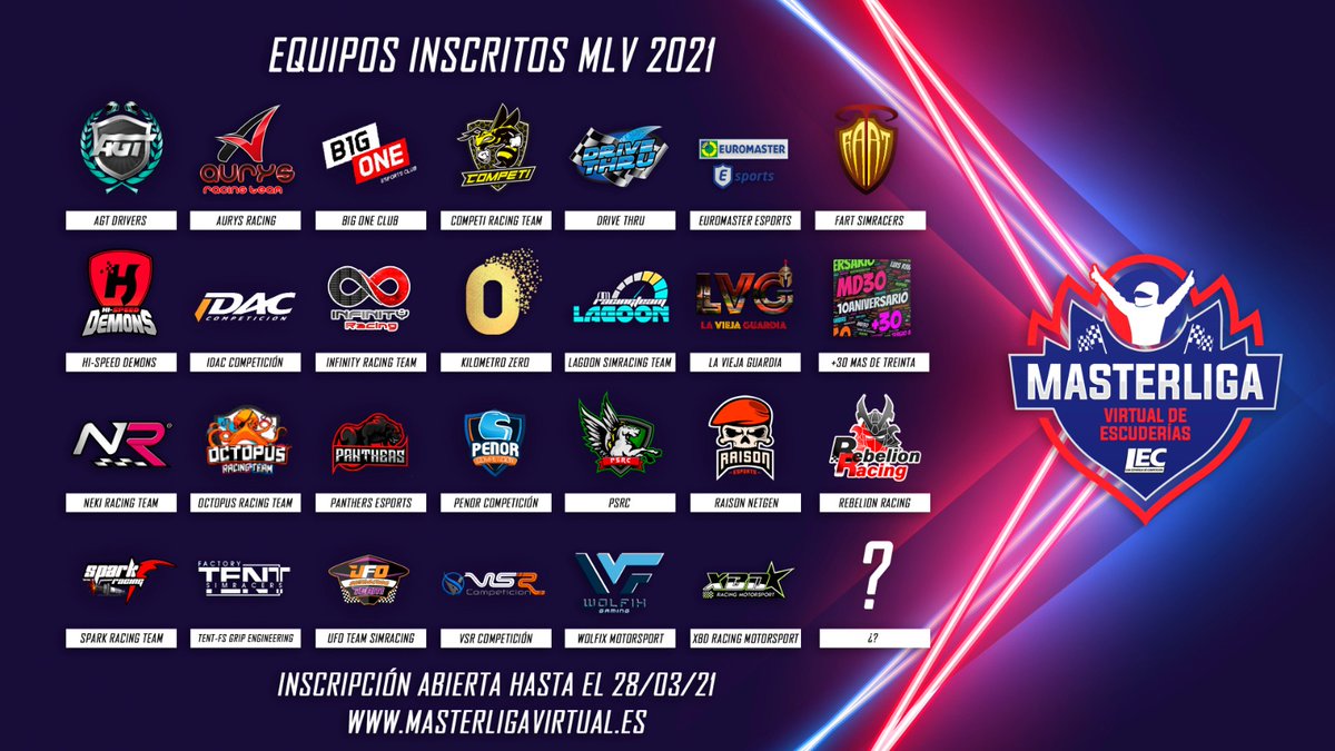 🔴#iRacing 

🏆#MasterLigaVirtualDeEscuderías

✅Total de equipos inscritos 27

🚩Cierre de inscripciones: 28/03/2021 - 23:59h.

📝Inscripción:
masterligavirtual.es/inscripciones-…

❤️#lecesports #simracing #esports #únete