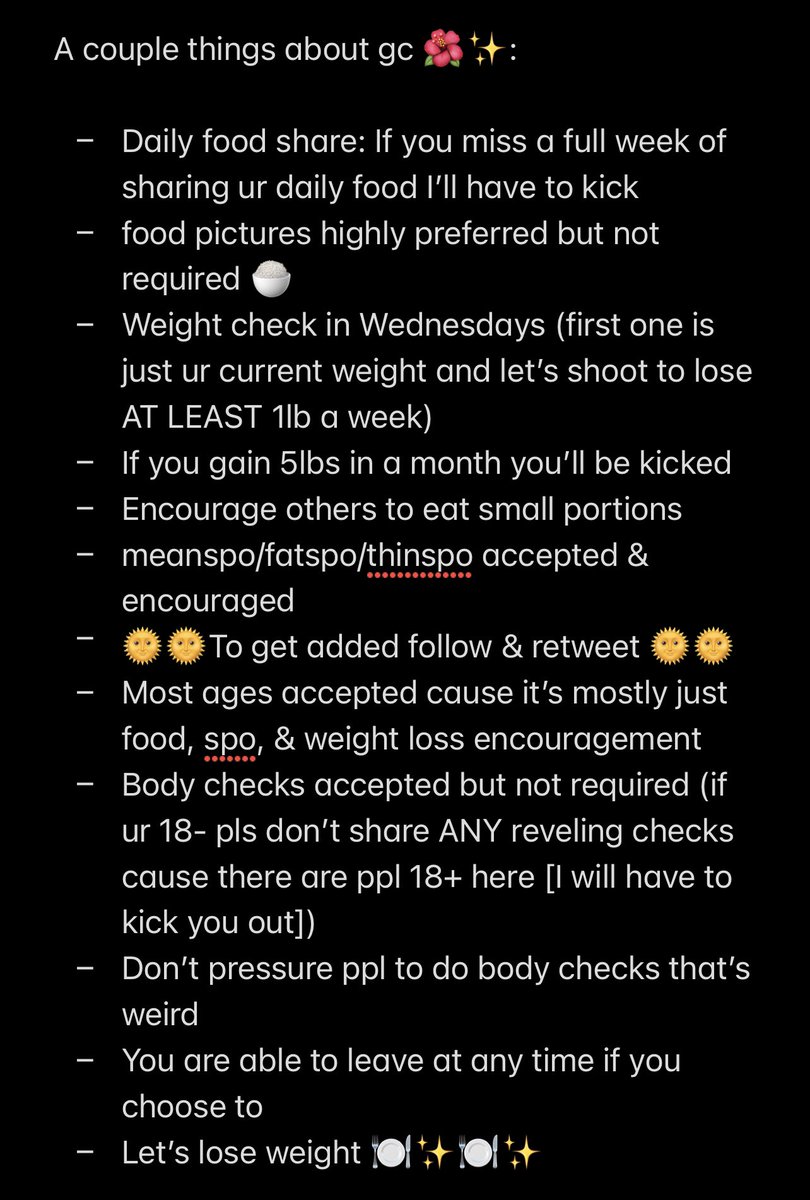 pleasesortme's tweet photo. for anyone looking for an ED GROUPCHAT 🍽✨

gc is for daily food diary/spo/etc! Let’s  keep eachother accountable and lose weight!!🌟🌞🌟

FOLLOW AND RETWEET to get added

(This gc post is more detailed than the last one)
#EDtwt #anabuddies #anacoach #meanspo #edtwt #thinspo #ed https://t.co/nSKrMJEO4x