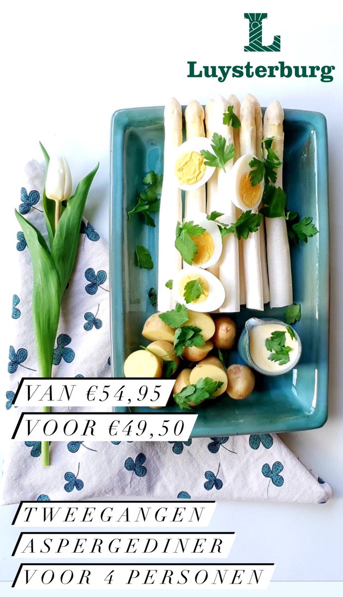 VIER DE LENTE! Met ons aspergefeestje per post kun je genieten van een compleet tweegangen aspergediner voor 4 personen. Bestel voor 30 maart en geniet voor €49,50. Vóór Pasen gekoeld thuisbezorgd, of 31 maart ophalen in onze boerderijwinkel. Bestel via: luysterburgbv.nl/asperge