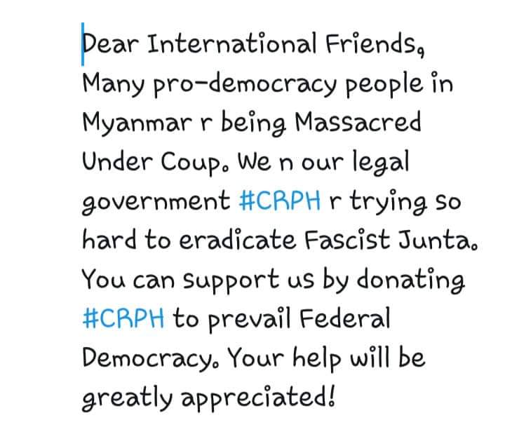 hun85's tweet photo. CRPH Website Donation Link; https://t.co/bz7cJpiXhN

CRPH Gofundme Donation Link; https://t.co/s3adIg5RrY

JUNTA MASSACRE

#Mar28Coup
#WhatsHappeningInMyanmar https://t.co/2mfS4iZ73z