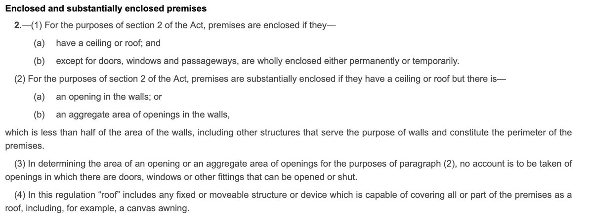 What is "indoors" Here's where we get needlessly complicatedYou have to go to the interpretation section ( https://www.legislation.gov.uk/uksi/2021/364/regulation/2/made)Which refers to another law altogether! About smoking! https://www.legislation.gov.uk/uksi/2006/3368/regulation/2/madeThis is it 