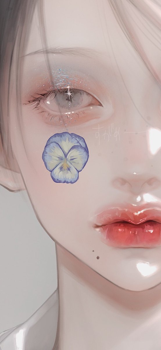 1girl solo mole mole under mouth portrait blue flower red lips  illustration images