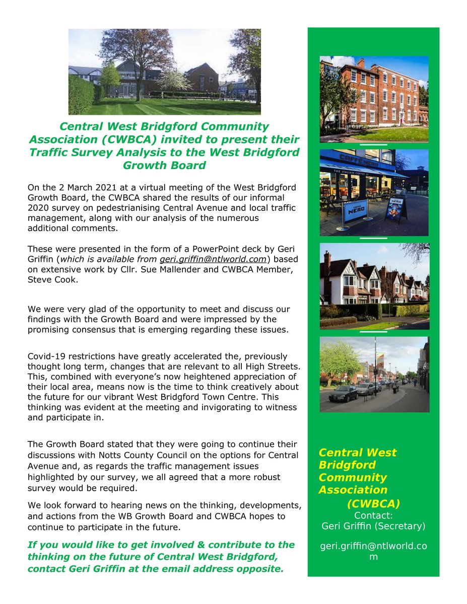The Central #WestBridgford Community Association (CWBCA) met recently with the West Bridgford Growth Board <a href="/Rushcliffe/">Rushcliffe Borough Council</a> to discuss the analysis of the Active Travel Survey carried out by CWBCA last year. The presentation is available from geri.griffin@ntlworld.com