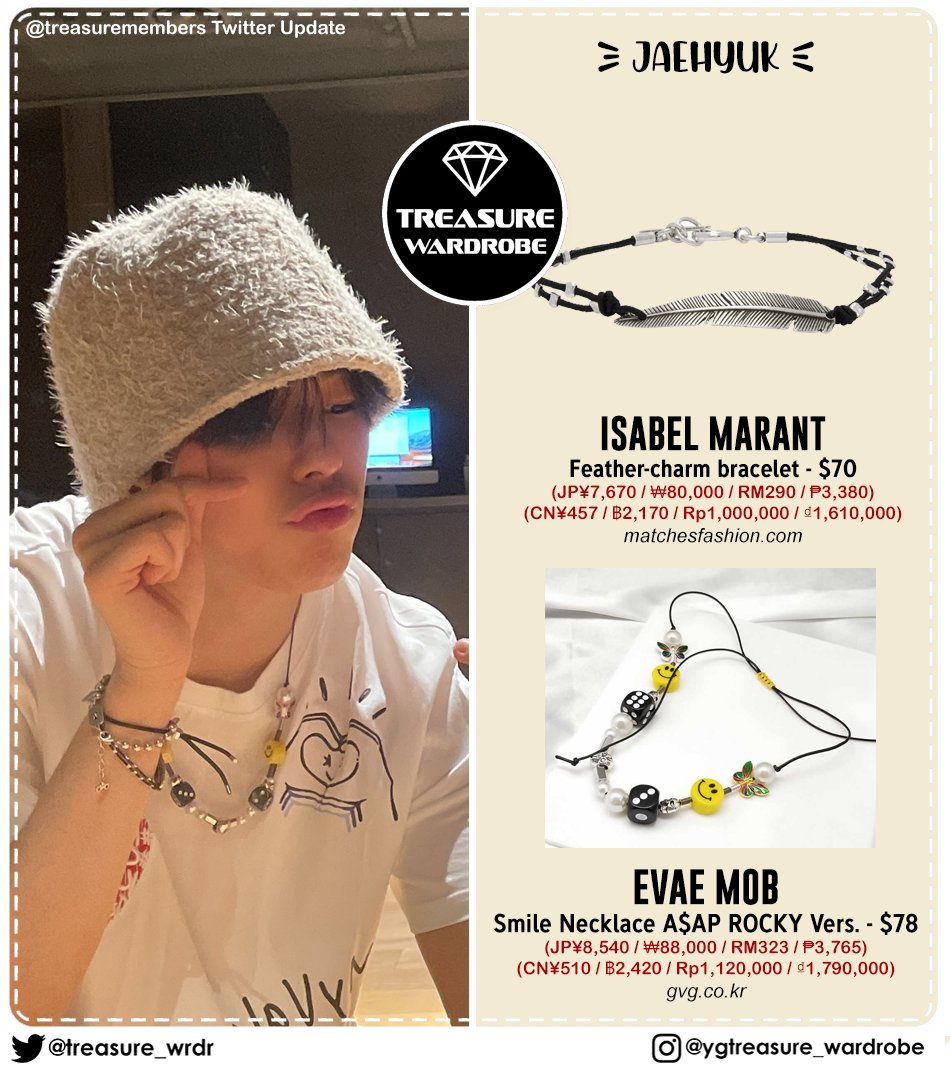 TREASURE_WRDR's tweet photo. #JAEHYUK
#CALVINKLEINJEANS valentine's day t-shirt - $95
#ISABELMARANT Feather-charm bracelet - $70
#EVAEMOB Smile Necklace A$AP Rocky version - $78

@treasuremembers
 #TREASURE #TREASUREWARDROBE #트레저 #トレジャー #윤재혁 #YOONJAEHYUK https://t.co/AQAN3yvw1i