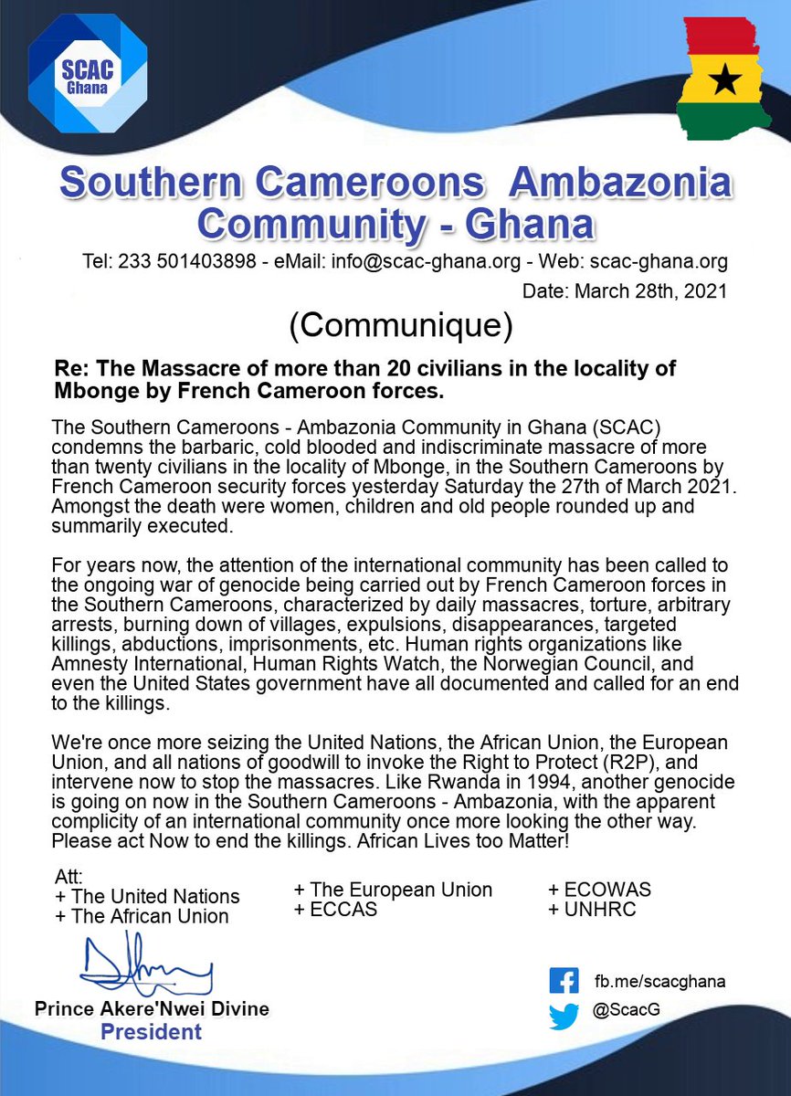 akere11's tweet photo. The International Community must invoke the Right to Protect (R2P) now and stop the massacres and war of #genocide goin on now in the #SouthernCameroons/Ambazonia. https://t.co/aPXuAVRkWr