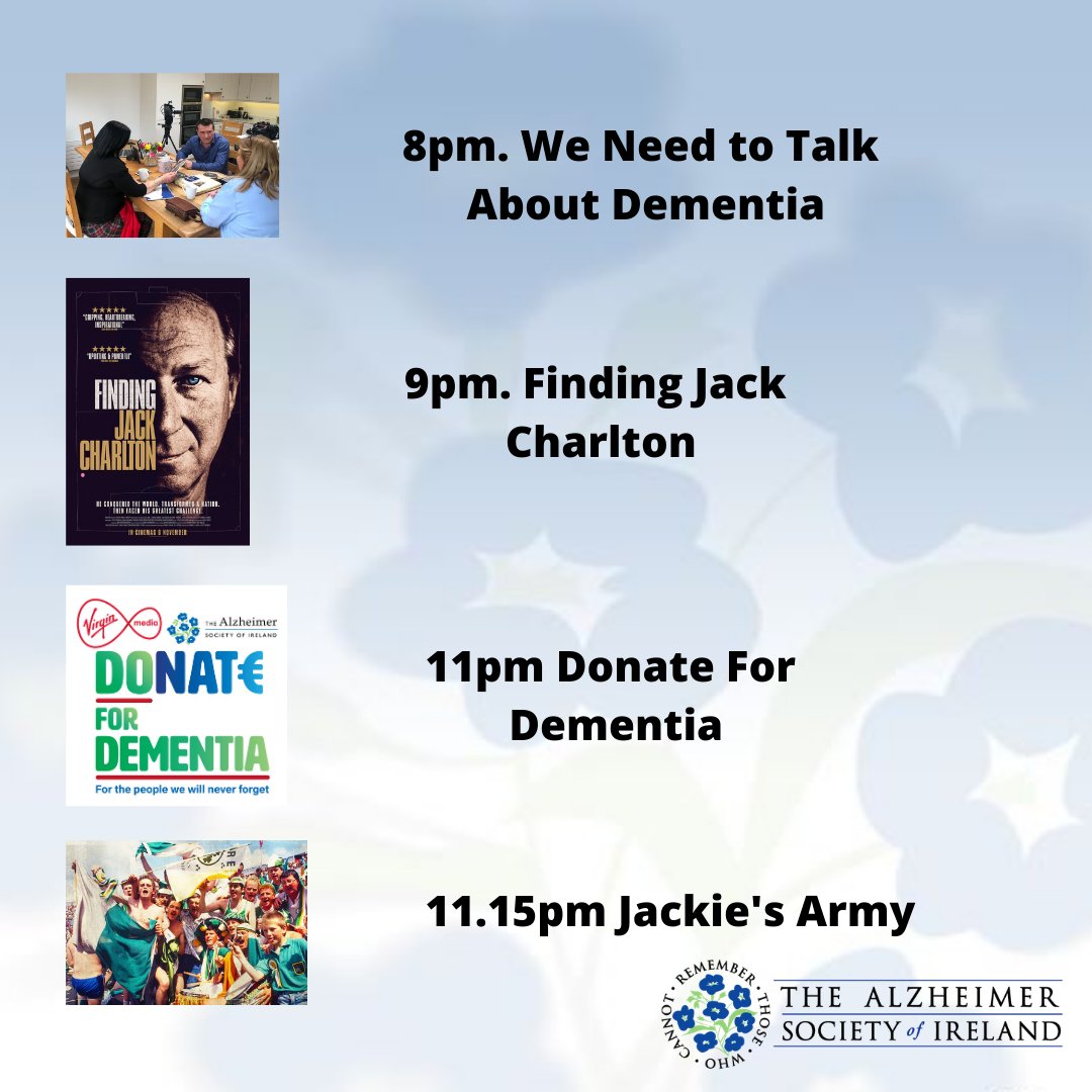 alzheimersocirl's tweet photo. Today is the last day of #DonateForDementia Week with @VirginMediaIE and we have a great night of TV scheduled for you.  Be sure to tune in to @VirginMedia_One from 8pm this evening!!

Donate now by visiting https://t.co/V2XUc16dzh 

#FindingJackCharlton https://t.co/2vguI4xz9i