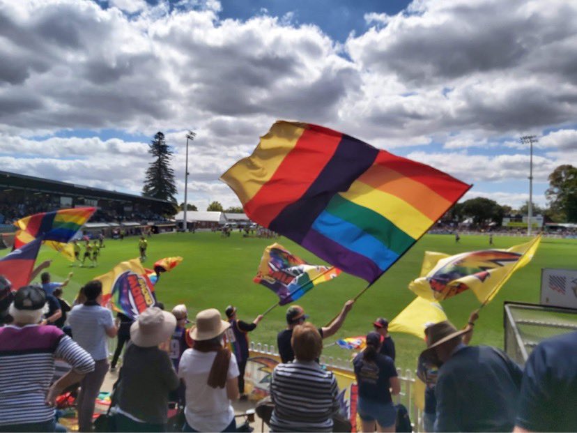 crows_rainbow's tweet photo. How fantastic was it to see the girls get the win over Collingwood today - and how great were our supporters cheering the girls on today! #rainbowcrows #weflyasone #gocrows #prideinsport #aflw https://t.co/zCPtq95CMr