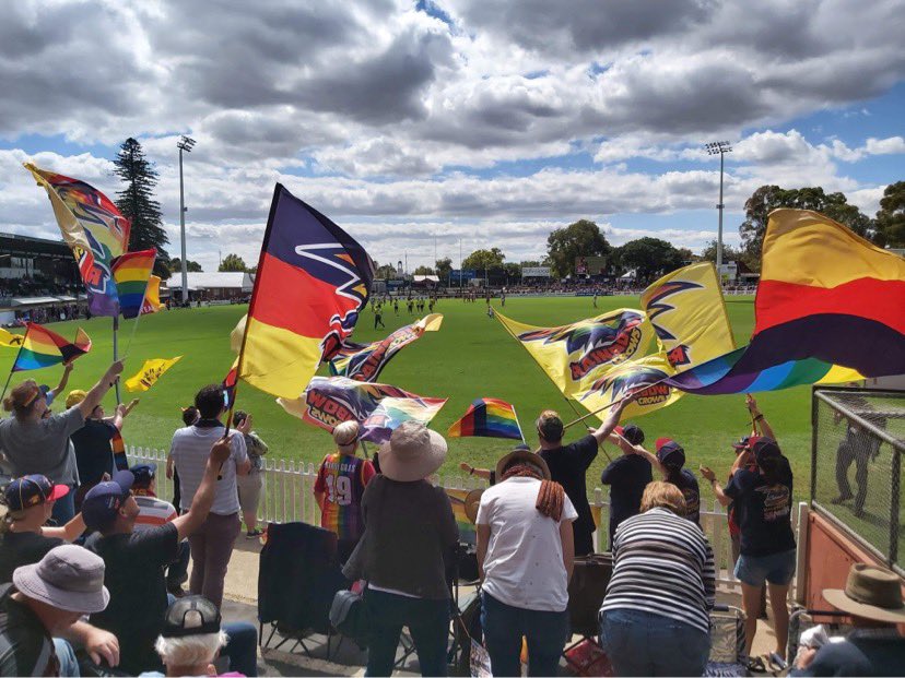crows_rainbow's tweet photo. How fantastic was it to see the girls get the win over Collingwood today - and how great were our supporters cheering the girls on today! #rainbowcrows #weflyasone #gocrows #prideinsport #aflw https://t.co/zCPtq95CMr