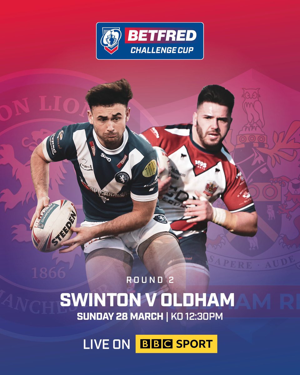 It’s Game Day! 

Swinton Lions face Oldham RLFC in the Second Round of the Betfred Challenge Cup live on the BBC Red Button, kick off 12:30pm. 

#originalLions🦁