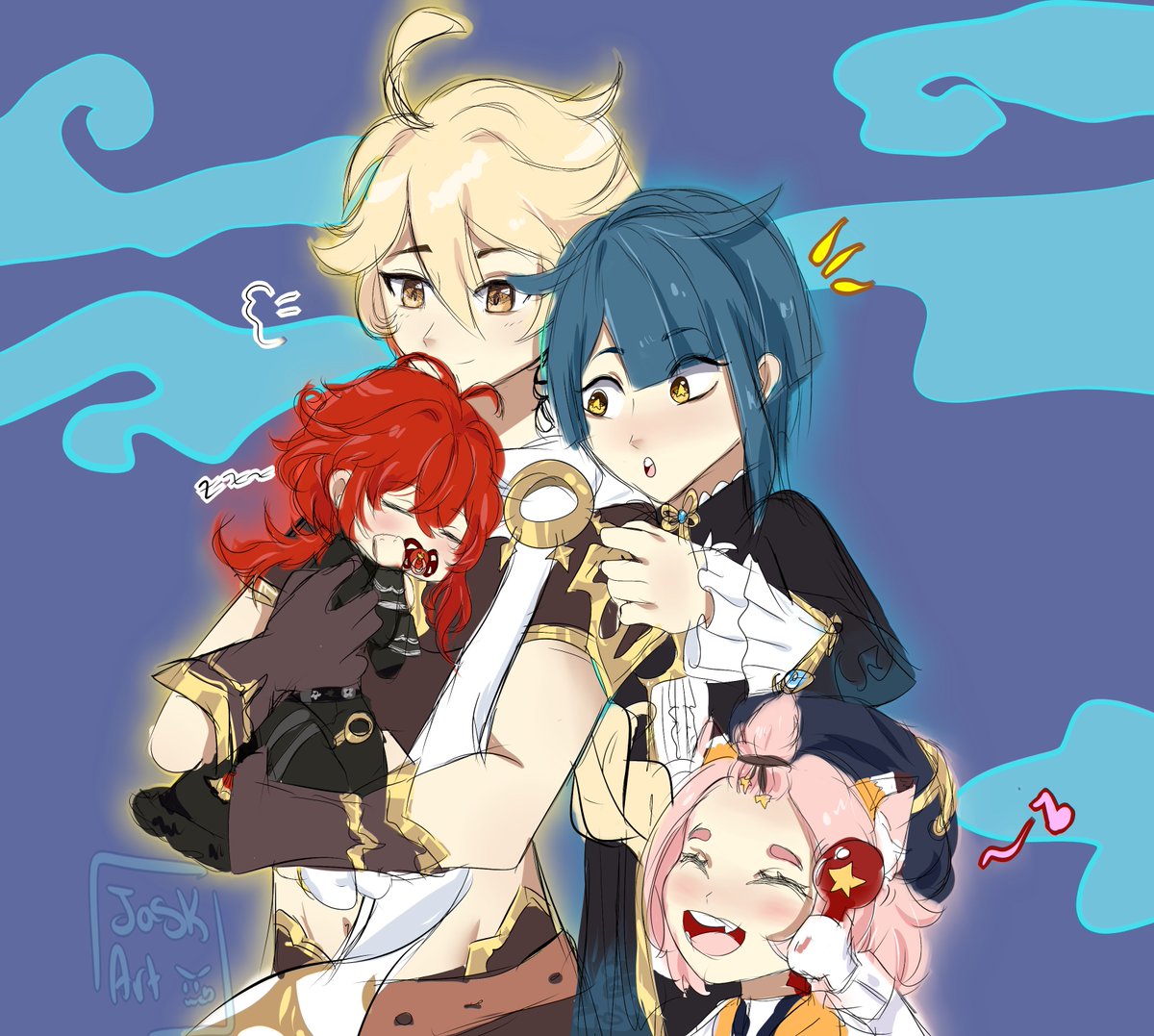CovamMikuri's tweet photo. SO i got #Diluc on #Venti's banner... not mad tho ;; my team received him with just as much love as they'd do with any other new memeber of the family QwQ

hope you like this little #fanart i made of my current team 💛💙💗❤️

#Xingqiu #Dionna #Aether #GenshinImpact https://t.co/uPPuo9BvT8