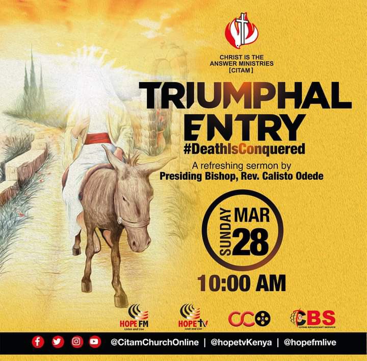 Citamthikatown's tweet photo. Welcome to church today!!
Remember to stay safe and stay at home.
Catch our service today on @hopetv_ke @hopefmlive @citamchurchonline on Facebook and youuube.
#compassionateweek #triumphentry https://t.co/Rzy1fQVbH3