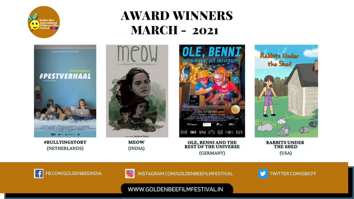 gbicff's tweet photo. AWARD WINNERS - March 2021!
Golden Bee International Children's Film Festival
“Films for Children and Youth on Mental Health, Bullying and Cyber Safety”
#OnlineFilmFestival #GoldenBee #AwardWinners https://t.co/1SX1TElmOy