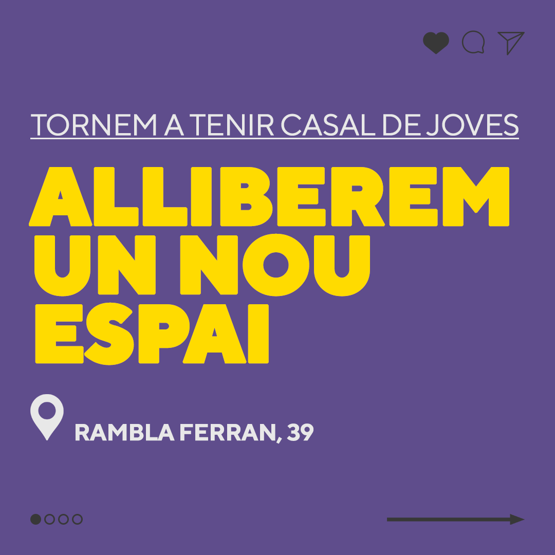CasalJoveLleida's tweet photo. 💥 𝘼𝙇𝙇𝙄𝘽𝙀𝙍𝙀𝙈 𝙐𝙉 𝙉𝙊𝙐 𝙀𝙎𝙋𝘼𝙄 💥

🟣 Després de dos anys, els joves de #Lleida tornem a tenir Casal de Joves. Ara és el Casal de Joves Maria-Mercè Marçal.

📍 Rambla Ferran, 39

📢 Vine a donar suport! https://t.co/iy4tUYmtyf