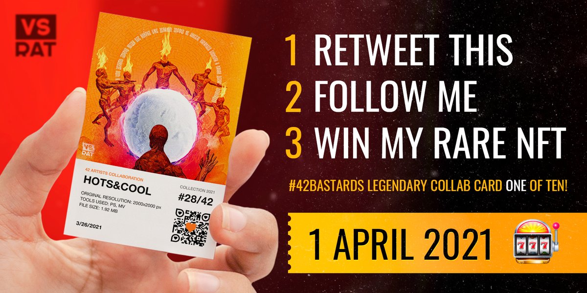 ratvsratvsrat's tweet image. #NFTGIVEAWAY! 
One copy of the HOTS&amp;amp;COOL card  #42Bastards 
Retweet + Follow and win!
Random winner will be announced 1 April!
Good luck 🤘
or just buy it now 🔥 bit.ly/2Pcqxhf on @rariblecom 
Read full story: 42nft.cf
#NFTart #NFT