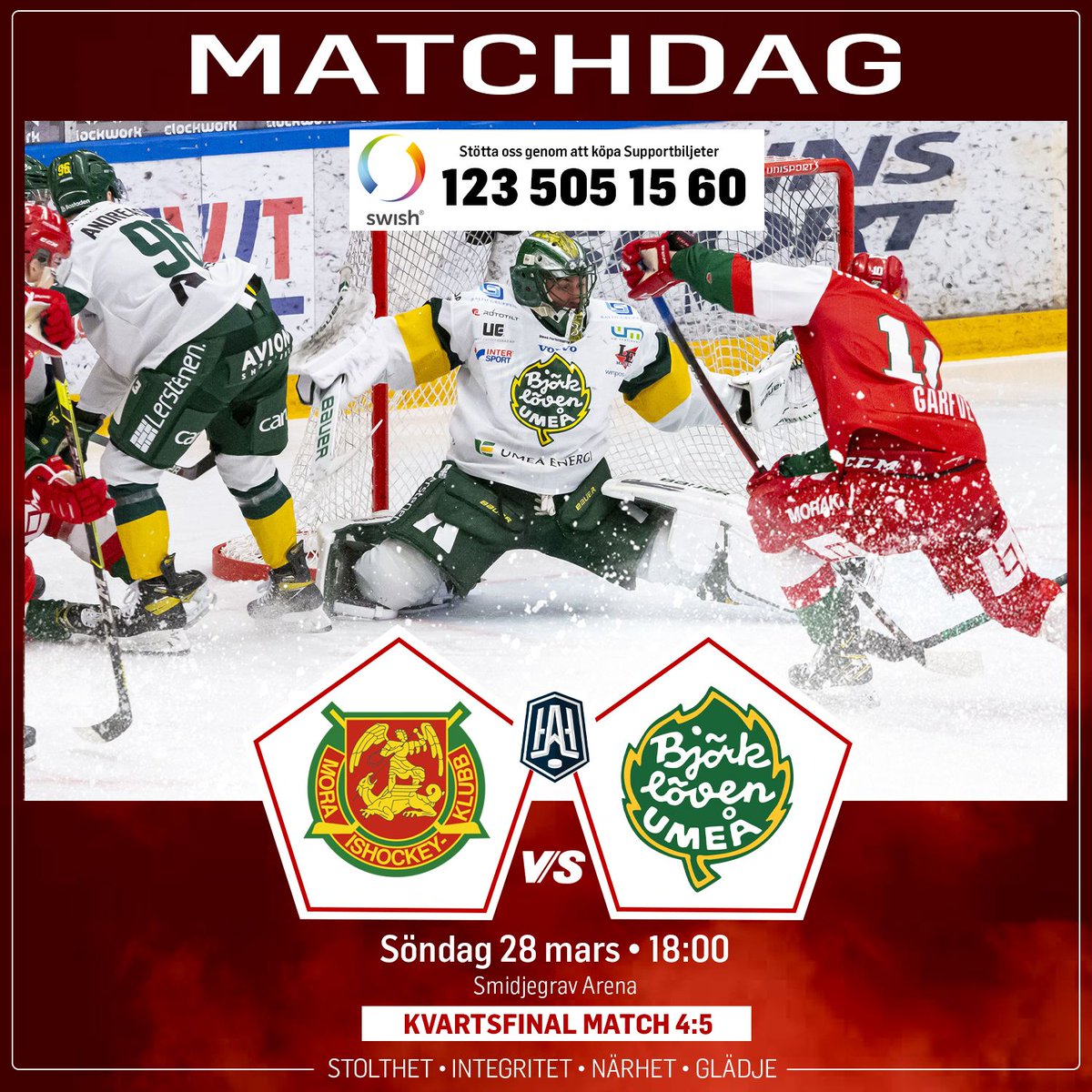 God morgon! Ikväll är det dags för kvartsfinal #4 och vi ska göra allt vi kan för att utjämna den här matchserien och tvinga fram en femte och avgörande match på tisdag! 💪 #moraik