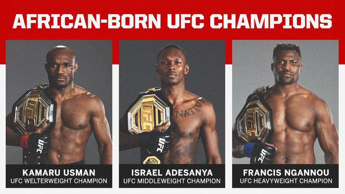 Skælde ud tæppe Hubert Hudson ESPN MMA on Twitter: "Of the current UFC champions, three are from Africa,  the most of any continent 🌍 https://t.co/zCPAUPW349" / Twitter