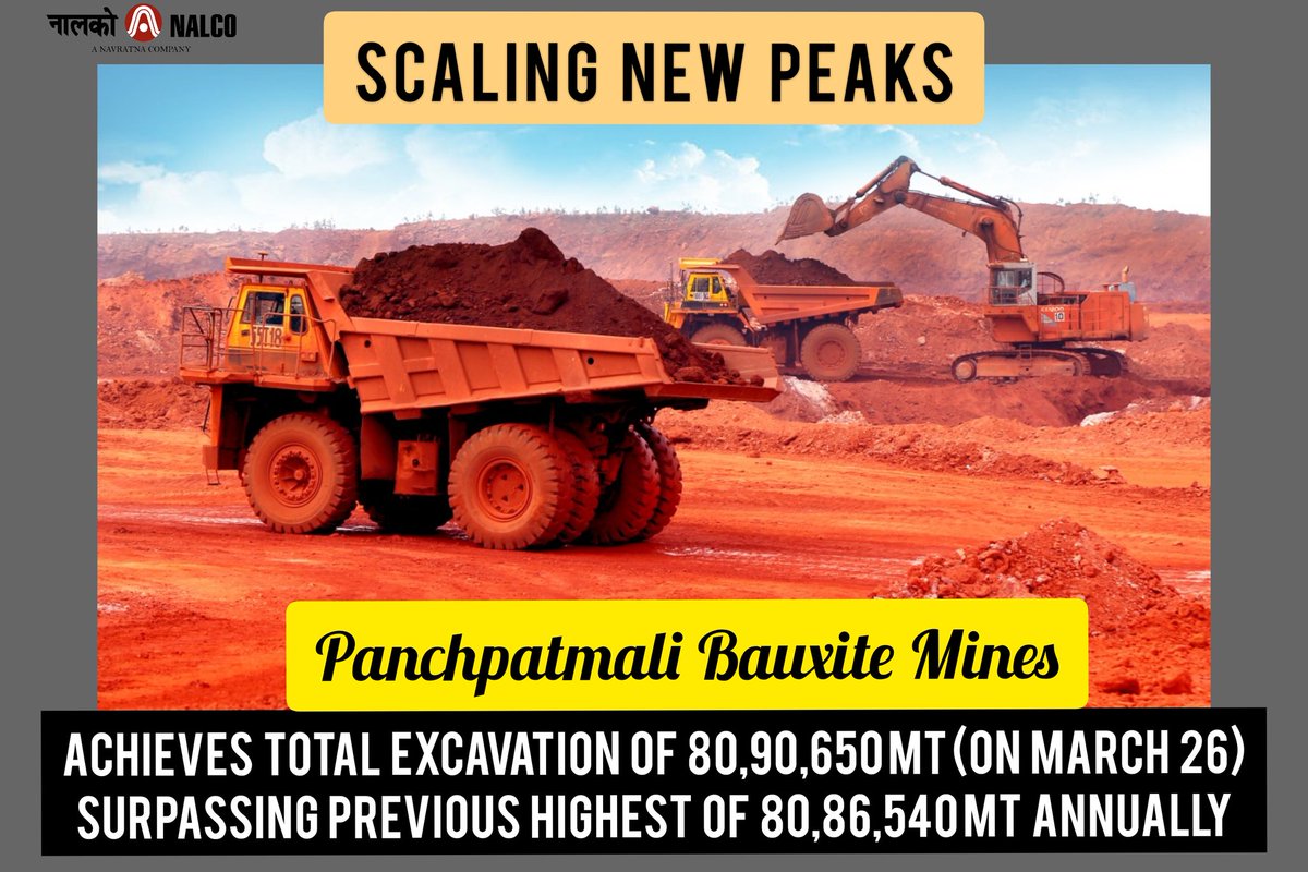 NALCO_India's tweet photo. NALCO continues to set the bar higher. Our Panchpatmali Bauxite Mines achieved total Excavation of 80,90,650 MT (as on 26th March 2021), surpassing previous highest annual figure of 80,86,540 MT. Congratulations to our Mining Warriors &amp; all NALCOnians @JoshiPralhad @MinesMinIndia https://t.co/QFJ3XAOEPm