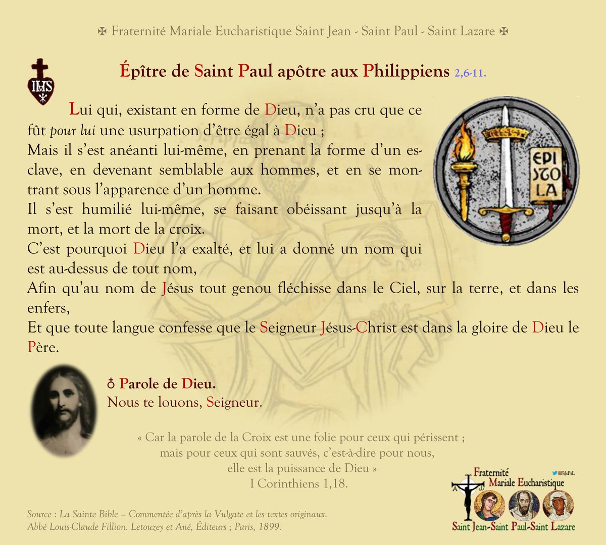 IRFMx's tweet photo. ✞ #Épîtres de #Paul (#Pauliniennes):
«Il s’est #anéanti lui-même en prenant la #forme d’un #esclave, en devenant #semblable aux #hommes, et en se montrant sous l’#apparence d’un #homme. Il s’est #humilié lui-même, se faisant #obéissant jusqu’à la #mort, et la mort de la #croix». https://t.co/QHa6K9SBKl