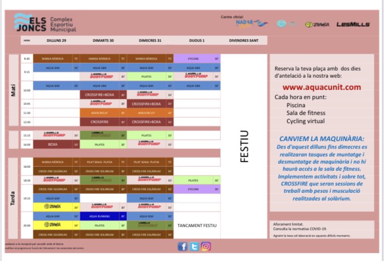 CemelsJoncs's tweet photo. Adaptem l’horari de les activitats dirigides per tal de donar un millor servei als usuaris de les sales de fitness i cycling. Recordeu que els dies 29, 30 i 31 de març no estaran operatives les sales per canvi de maquinària. https://t.co/EdmkIpwinK