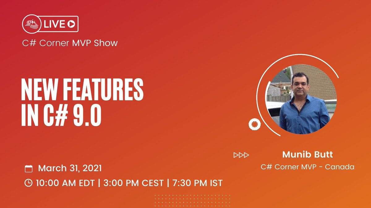 CsharpCorner's tweet image. Join Munib Butt on March 31 at 10:00 AM(EDT), as he talks about new features in C# 9.0. Live episode of @CsharpCorner MVP show.
Register now: bit.ly/3csvprb
#MVPShow #Csharp9 #csharp #CsharpLiveShow