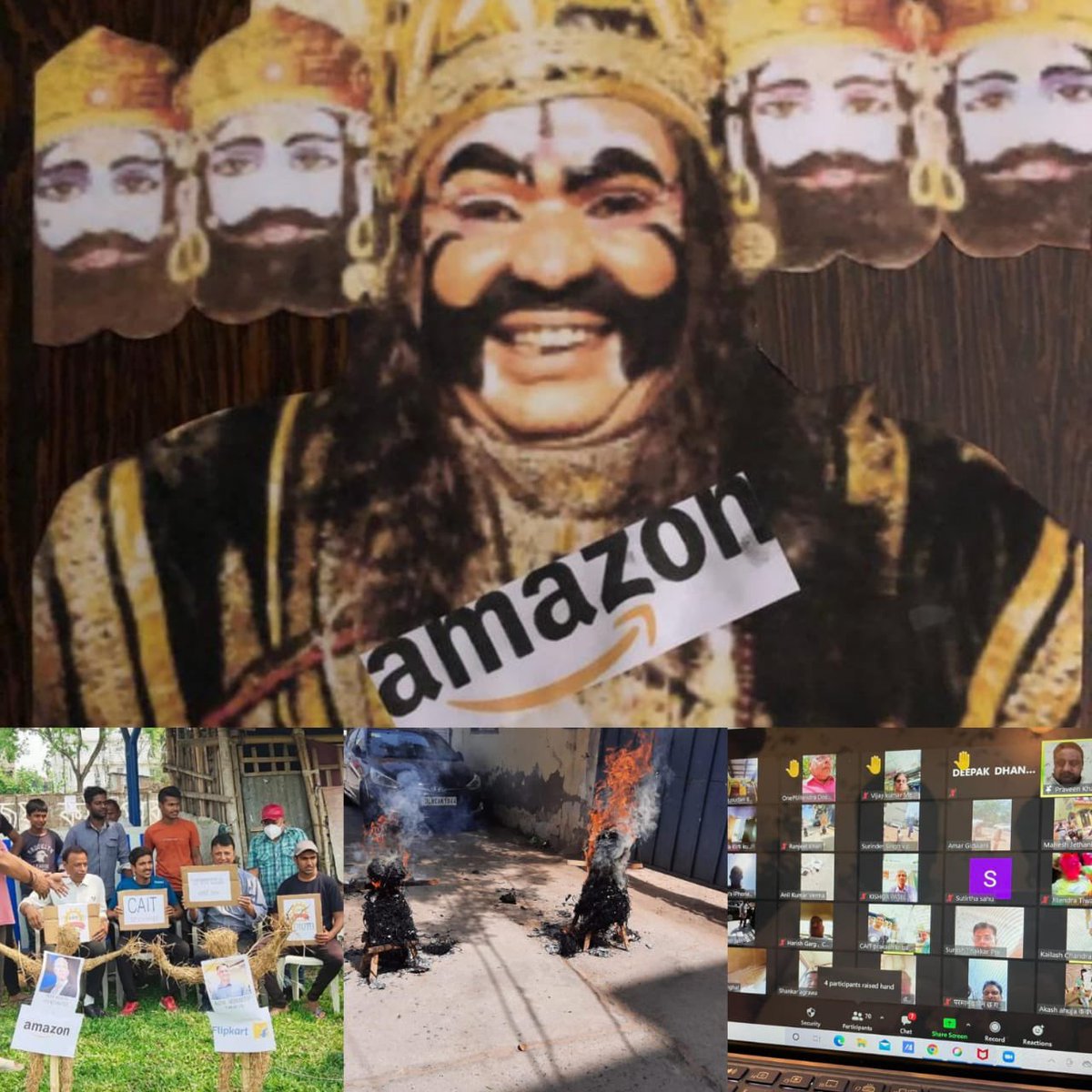 In a first ever virtual protest held in the country,organised by <a href="/CAITIndia/">Confederation of All India Traders (CAIT)</a>, Traders across the nation performed #HolikaDahan of foreign #ecommerce giants who are demonising &amp; destroying Indian retail with their blatant malpractices. We demand a fresh #FDIPressNote🇮🇳 <a href="/PiyushGoyal/">Piyush Goyal</a>