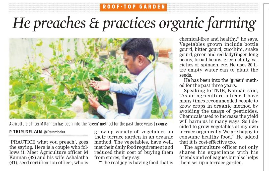Thiruselvamts's tweet photo. In an almost literal example of practicing what they preach, this couple employed in the state agriculture department officials from #Perambalur grow their own kitchen needs with no chemical fertiliser. #terracegarden #organicmethod #TamilNadu @NewIndianXpress @xpresstn https://t.co/gN4iwHp0ZB