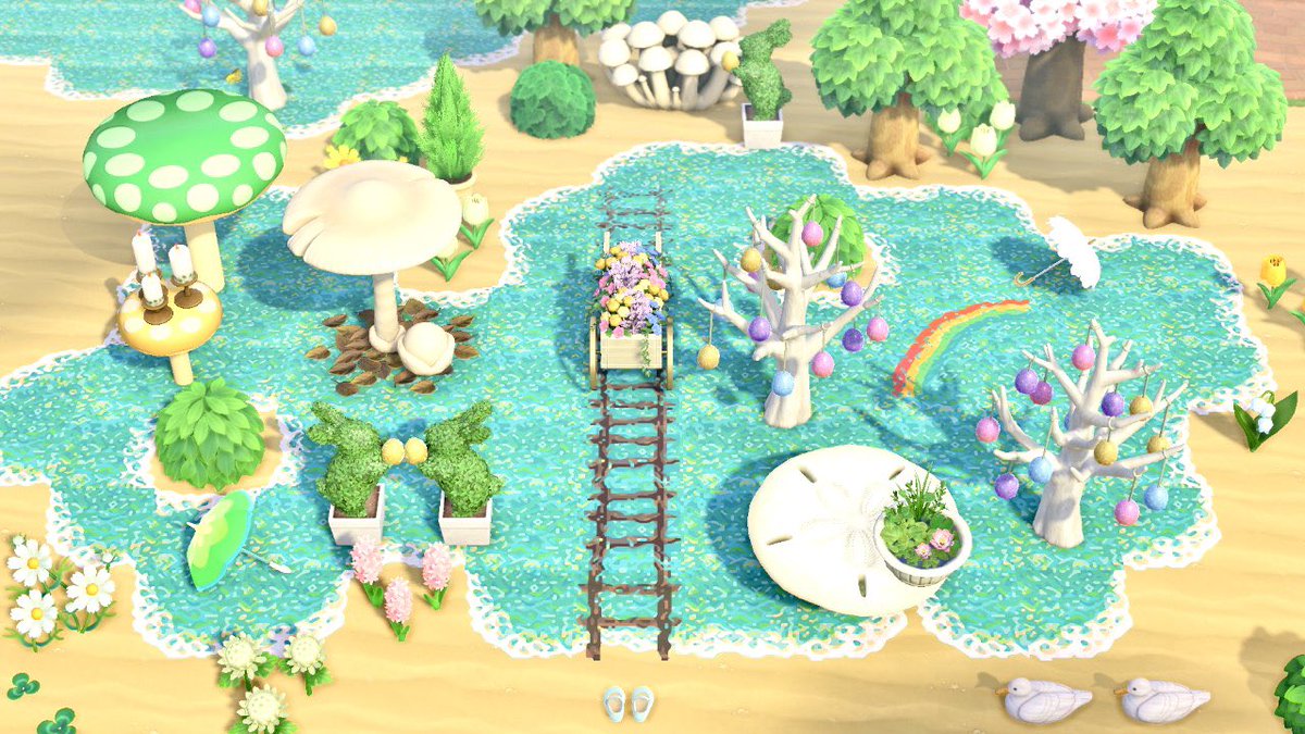 あここ Acoco イースター家具をゲットしたので島の入り口に飾ってみたよ えんげいワゴンとイースターなツリーの色が合ってて 組み合わせると可愛い トピアリーもお気に入り Acnh あつ森 イースター