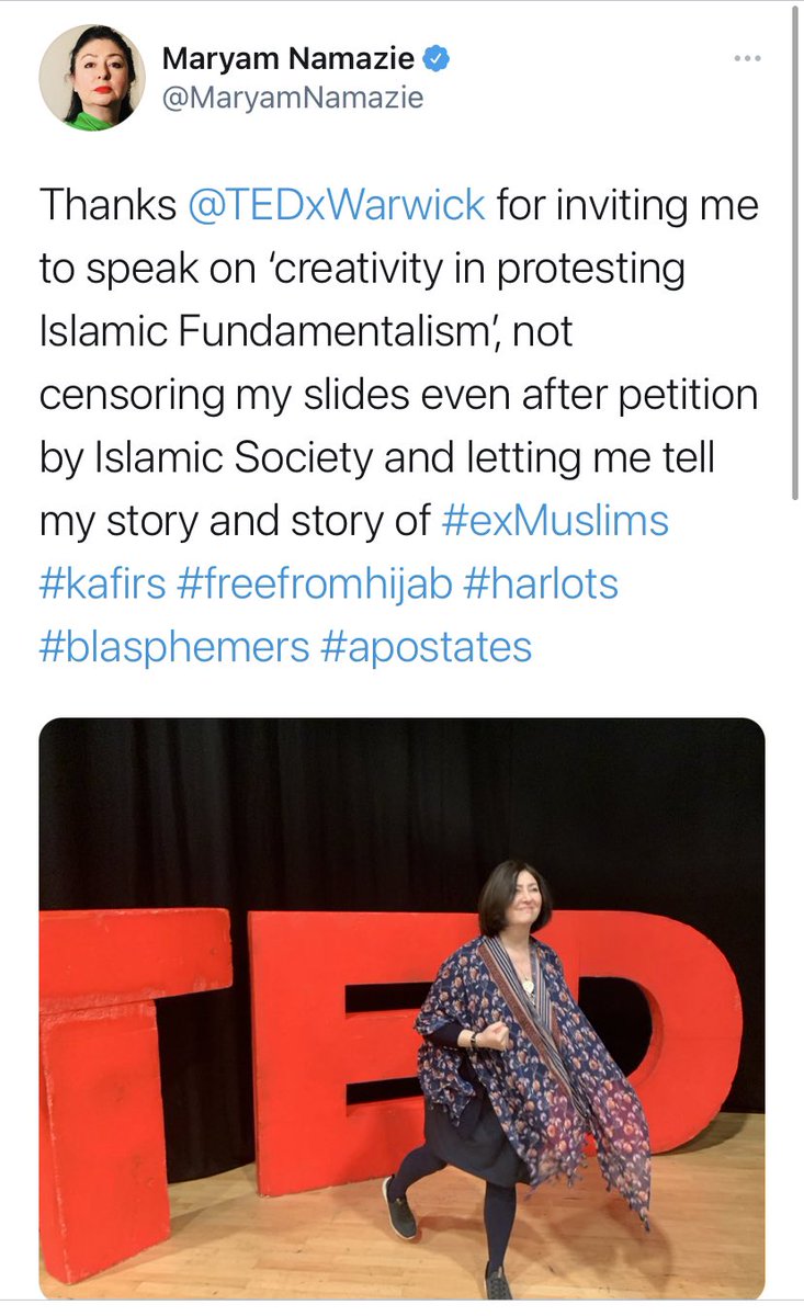 MaryamNamazie's tweet photo. I have been told my @TEDxWarwick talk on ‘creativity in protesting Islamic  fundamentalism’ in Jan 2020 won’t be published by @TEDGlobal.
Can I ask once more the reason and also why I cannot have the talk to publish myself? 
Is a response not basic manners / professionalism? https://t.co/ZIuNWIu2df