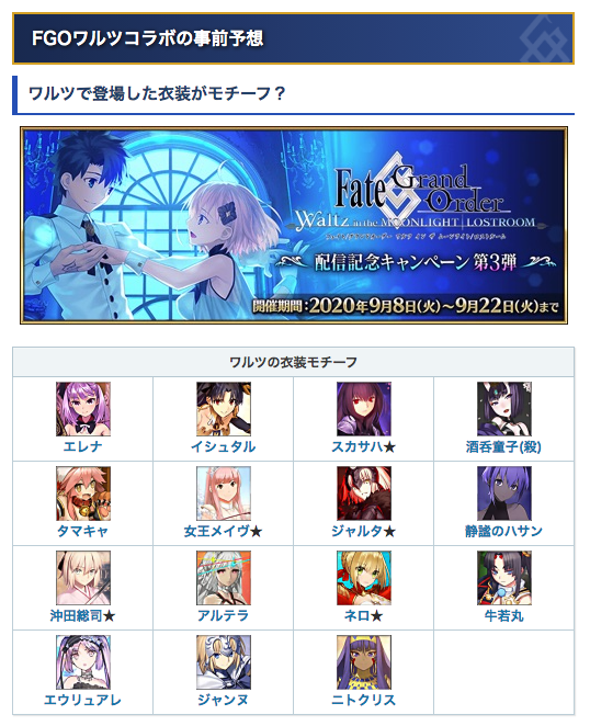 Fgo ワルツコラボで登場しそうな霊衣対象鯖はこのあたりになりそうか