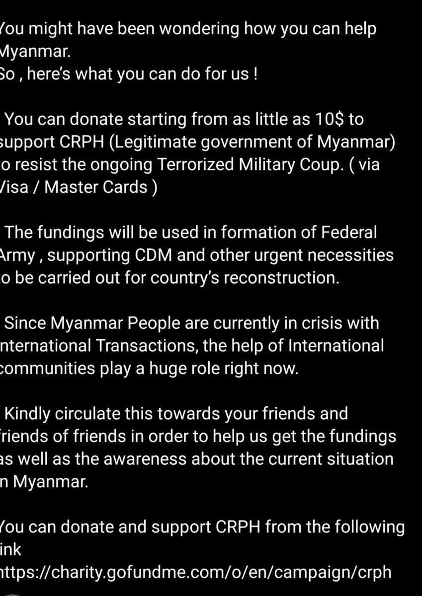 trnntnt's tweet photo. Dear International friends,
You might've wondered how you can help MYANMAR. Here's how you can help us.
Please people from oversea, donate harder for our future! 
https://t.co/o8JtB3Ku3J 

#WhatsHappeningInMyanmar  
#Mar28Coup #WeSupportCRPH https://t.co/RUcODokWrv