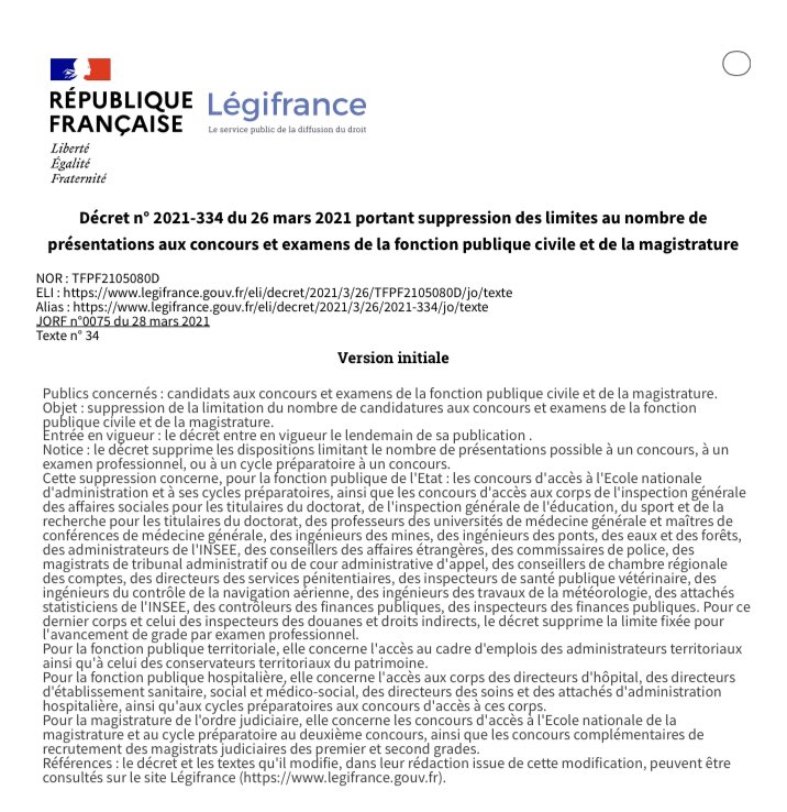 Bas_scordia's tweet photo. Publication au #JORF du décret portant suppression des limites au nombre de présentations aux concours et examens de la #FonctionPublique civile et de la magistrature. Dont ceux de l’ENA et de l’ENM https://t.co/egpsCDfeBK https://t.co/fktt8kxbBZ
